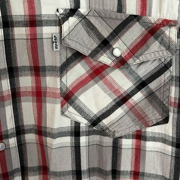 Levi's Men's Western Modern Flannel Plaid Shirt - Red and Gray Snap Buttons XXL - Picture 2 of 9